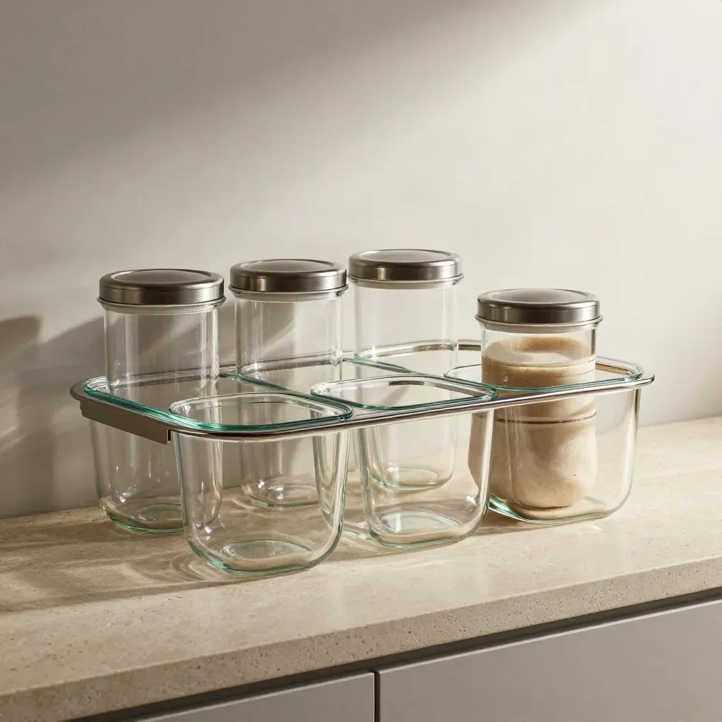 Clear glass storage tubs and pantry jars stacked on pale stone with hard raking light.