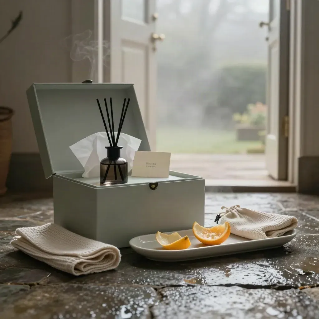 Oversized spring reset box with diffuser, towel, pouch, tray and citrus peels in a misty hallway.