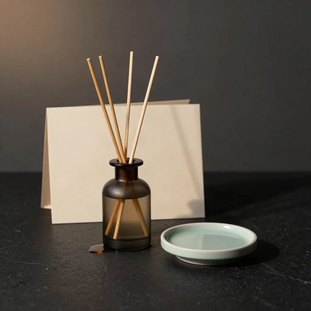 Dark reed diffuser on black stone with coaster, soft haze, dramatic studio lighting.
