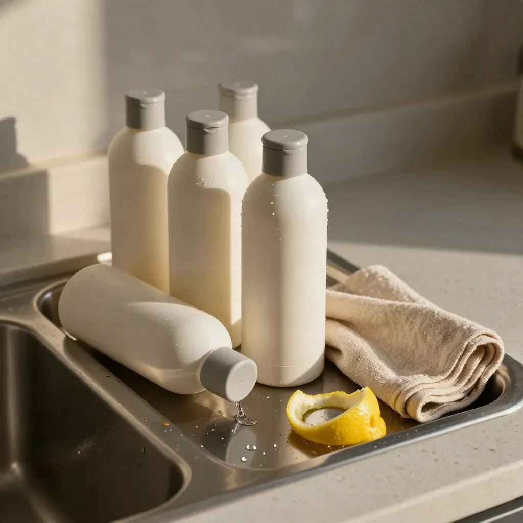 Three citrus cleaning bottles with a sponge cloth and drain tray on pale travertine