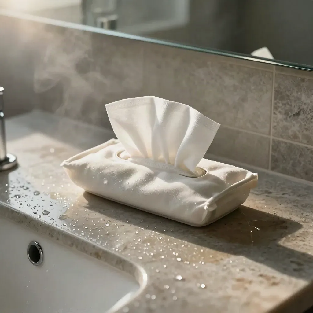 Bathroom wipe kit on damp tile beside a sink, with steam and mirror blur.