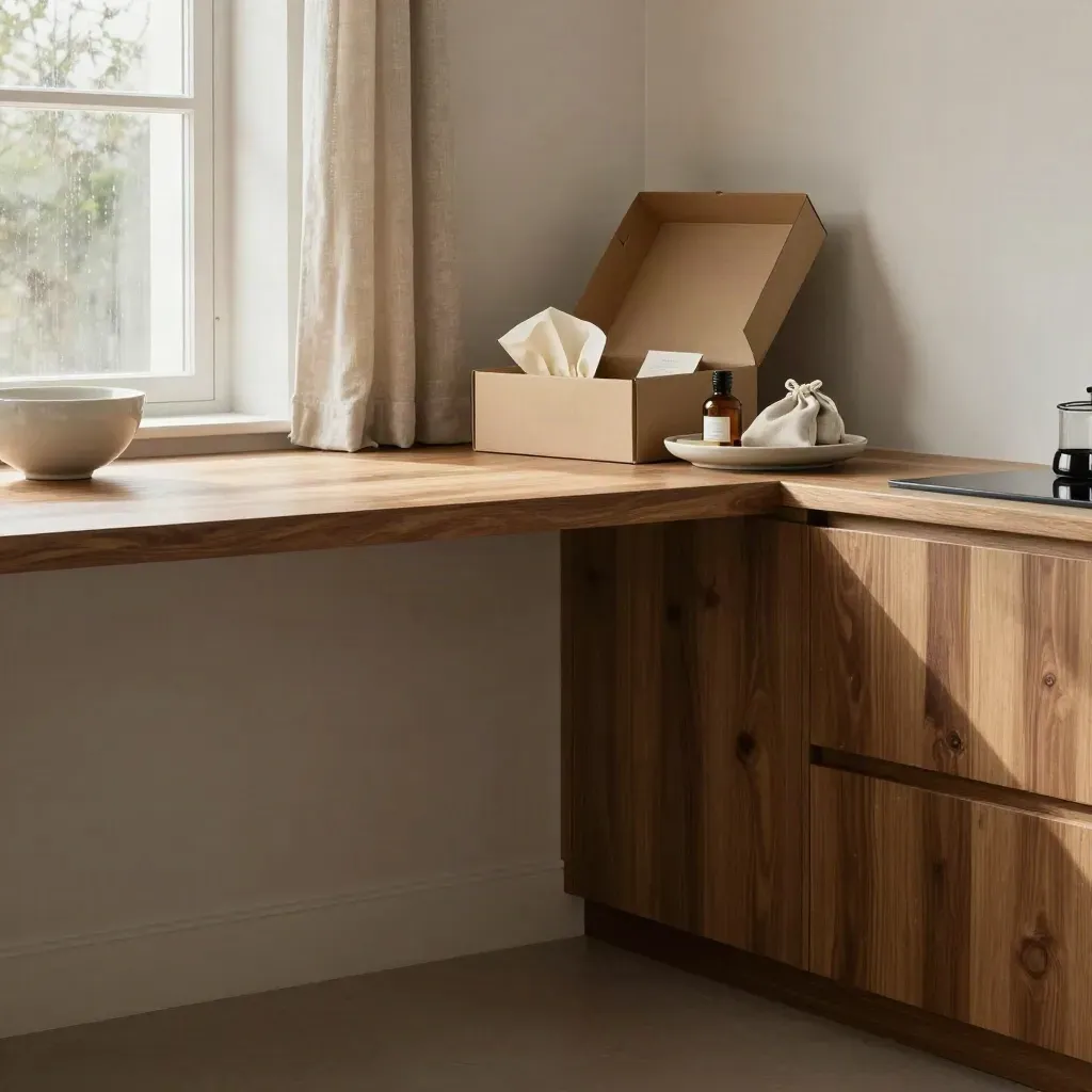 Sunlit kitchen alcove with a self-care gift box, linen, ceramic bowl, and calm oak counter.