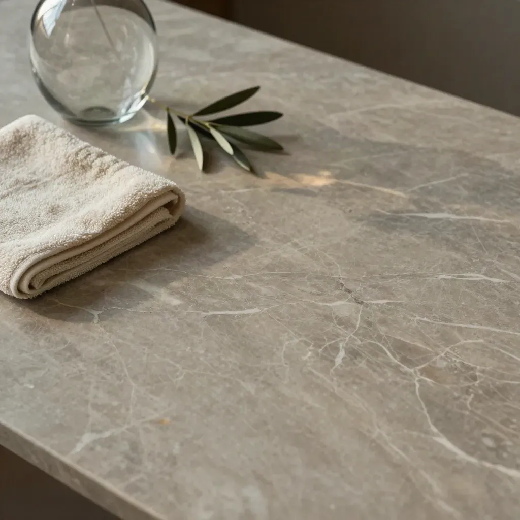 Marble tabletop with folded towel, glass vase and stems, softly lit from upper left.